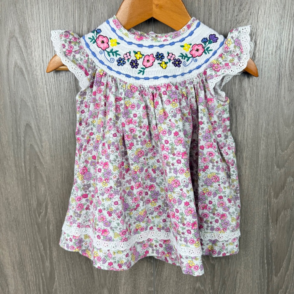 Lil Cactus Floral Smocked Dress Baby Girls 3-6M Pink Purple Cottagecore Eyelet